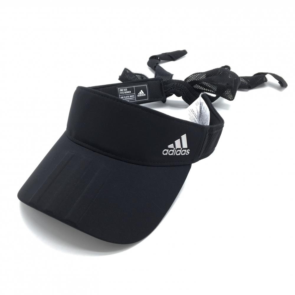 【美品】アディダス サンバイザー 黒 後ろメッシュリボン ロゴ レディース フリーサイズ ゴルフウェア adidas