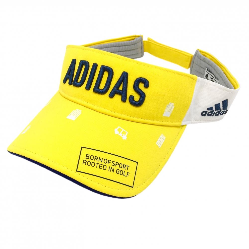 【超美品】アディダス サンバイザー イエロー×白 立体ロゴ ビル 車 レディース フリー(57～59cm) ゴルフウェア adidas