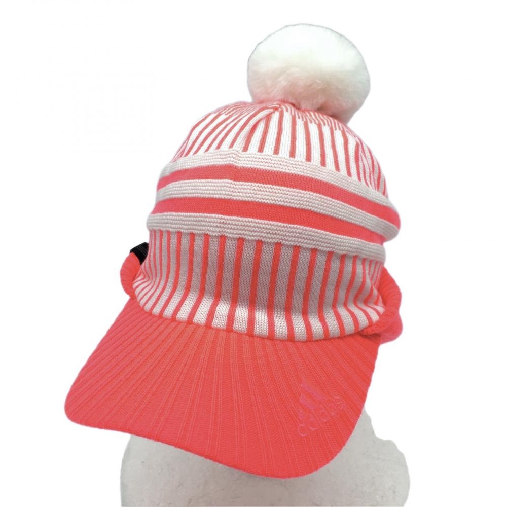 【美品】アディダス つば付きニット帽 ピンク×白 ボンボン付き ボーダー×ストライプ ウール混  レディース  ゴルフウェア adidas