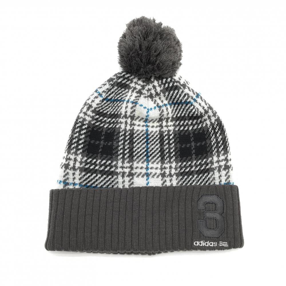 【超美品】アディダス ニット帽 グレー×白×ブルー チェック ボンボン付き レディース フリー(56-58cm) ゴルフウェア adidas