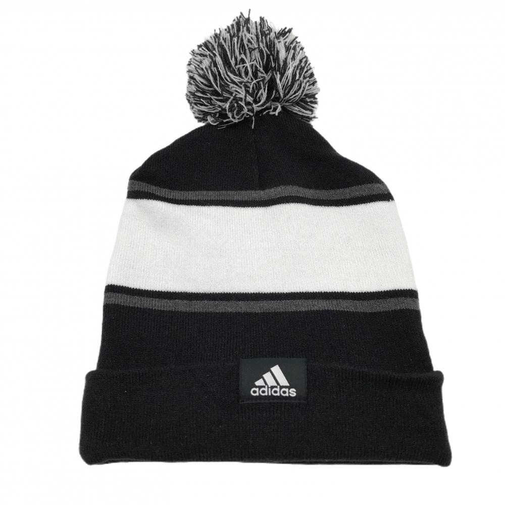 【超美品】アディダス ニット帽 黒×白 ビッグロゴ アクリル混 ボンボン付 レディース フリーサイズ(54-57cm) ゴルフウェア adidas