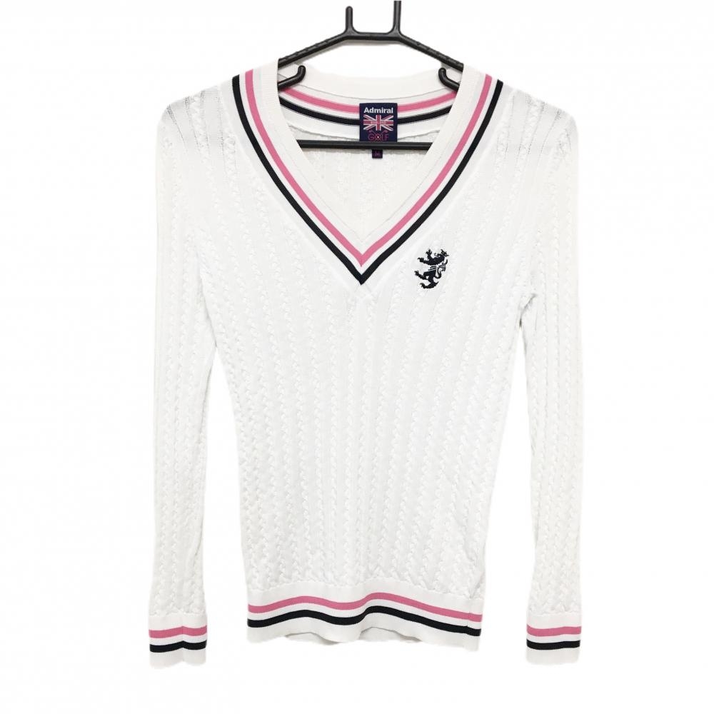 【超美品】アドミラル セーター 白×ピンク ケーブル編み Vネック ポリエステル100％ ニット レディース M ゴルフウェア Admiral