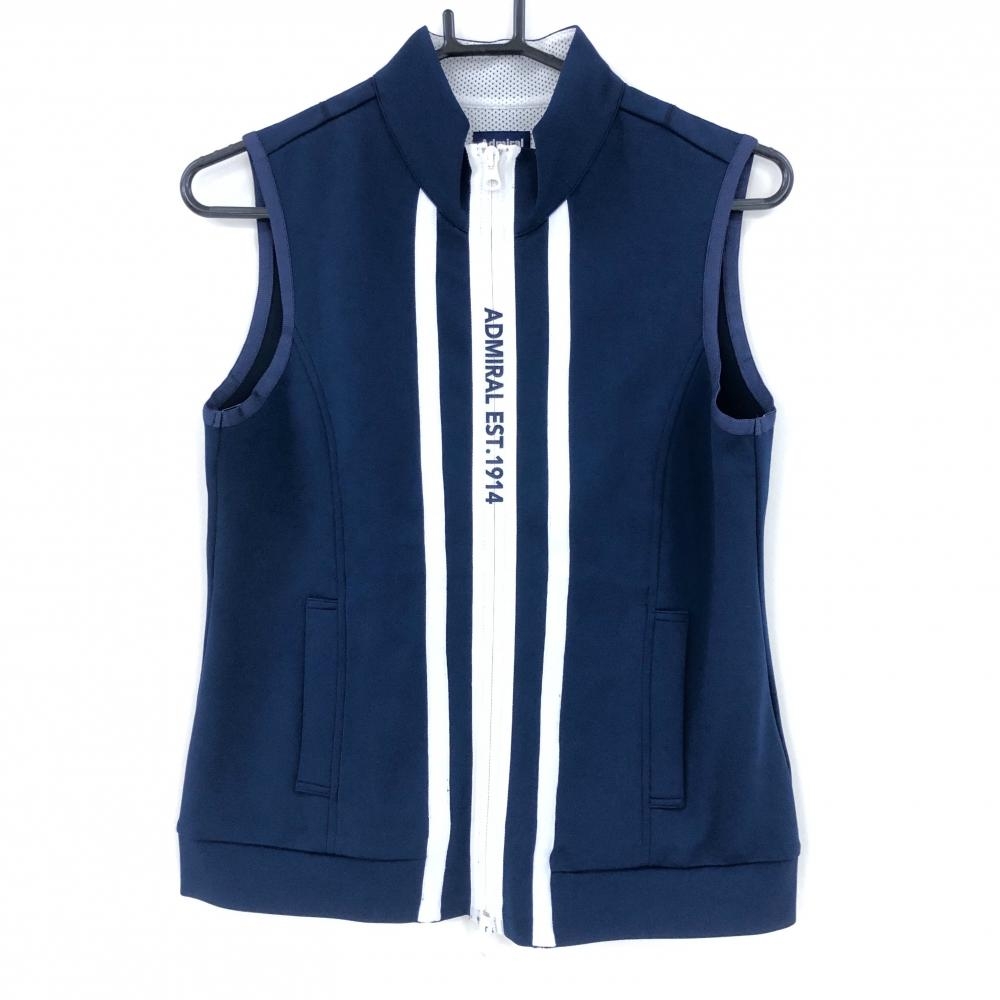 【美品】アドミラル ジップベスト ネイビー×白 縦ライン ジップロゴプリント レディース M ゴルフウェア Admiral