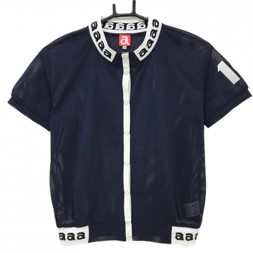 【超美品】アルチビオ 半袖ジャケット ネイビー×白 メッシュ 透け感 ネック・裾ロゴ レディース 36(S) ゴルフウェア archivio