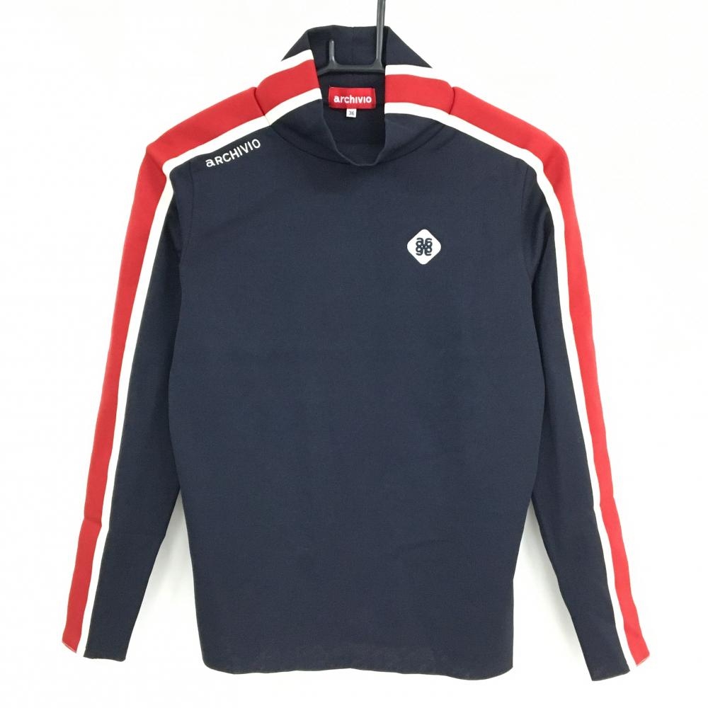 【美品】アルチビオ ハイネックセーター ネイビー×レッド 肩・袖ライン ニット レディース 36(S) ゴルフウェア 2024年モデル archivio