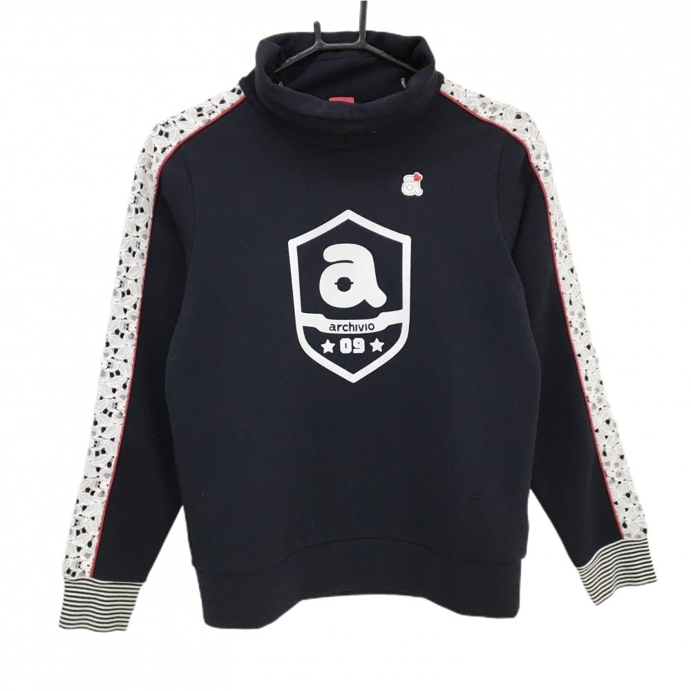 アルチビオ ハイネックトレーナー ダークネイビー×白 袖レース ダンボールニット レディース 36(S) ゴルフウェア archivio