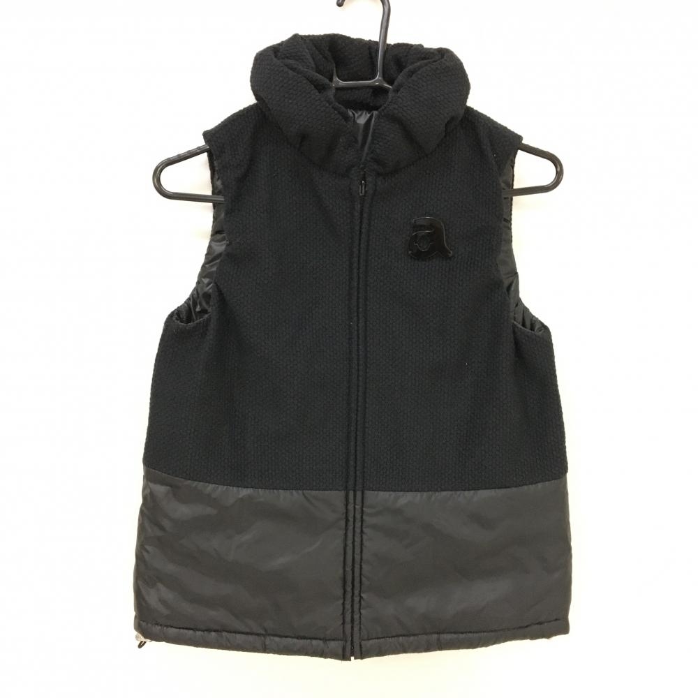 【美品】アルチビオ 中綿リバーシブルベスト 黒 異素材 立体ロゴ 裾ドローコード レディース 36(S) ゴルフウェア archivio