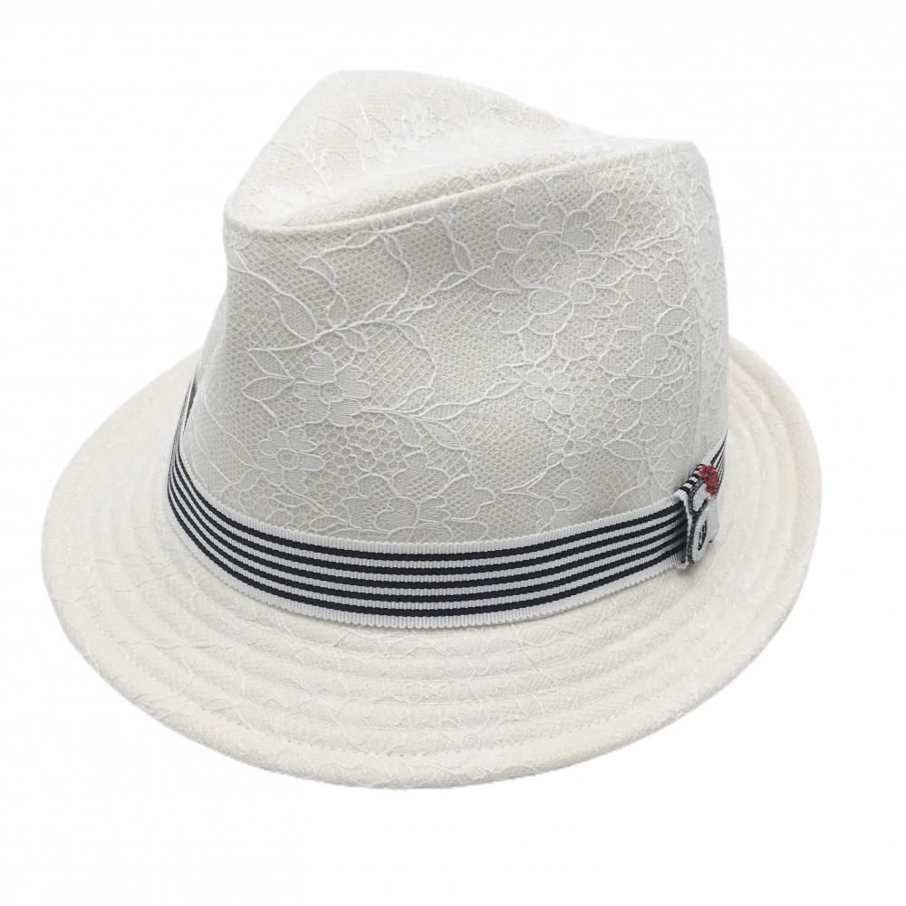 【超美品】アルチビオ 中折れハット 白 レース リボンボーダー 内側ゴム レディース  ゴルフウェア archivio