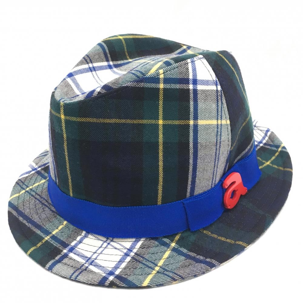【美品】アルチビオ 中折れハット ダークグリーン×イエロー×ブルー チェック 立体ロゴ ウール100％ レディース  ゴルフウェア archivio