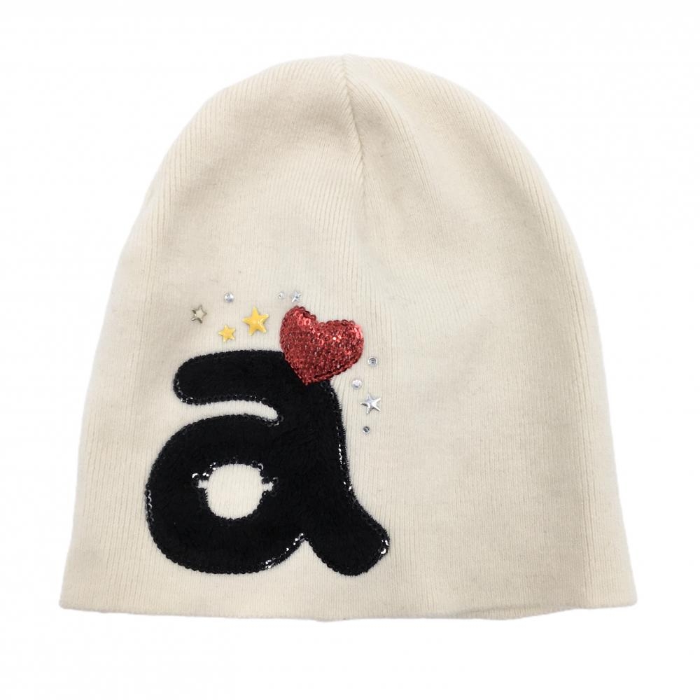 【美品】アルチビオ ニット帽 アイボリー×黒 ウール100％ ビッグロゴ スパンコールハート  レディース  ゴルフウェア archivio