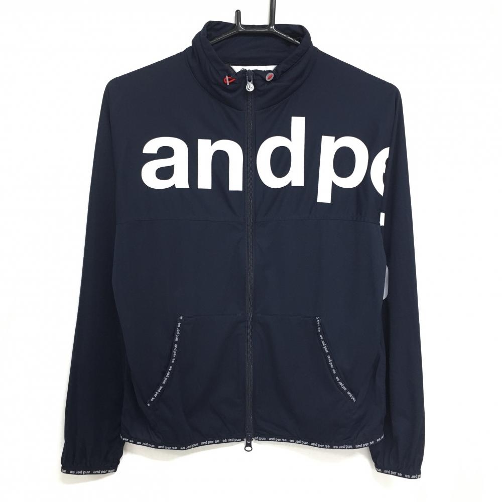 【超美品】アンパスィ ジャケット ネイビー ロゴ白 ストレッチ ネックドローコード レディース M ゴルフウェア and per se