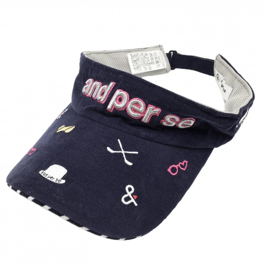 アンパスィ コーデュロイサンバイザー ネイビー 立体ロゴ刺しゅう ラメ糸  レディース F ゴルフウェア and per se