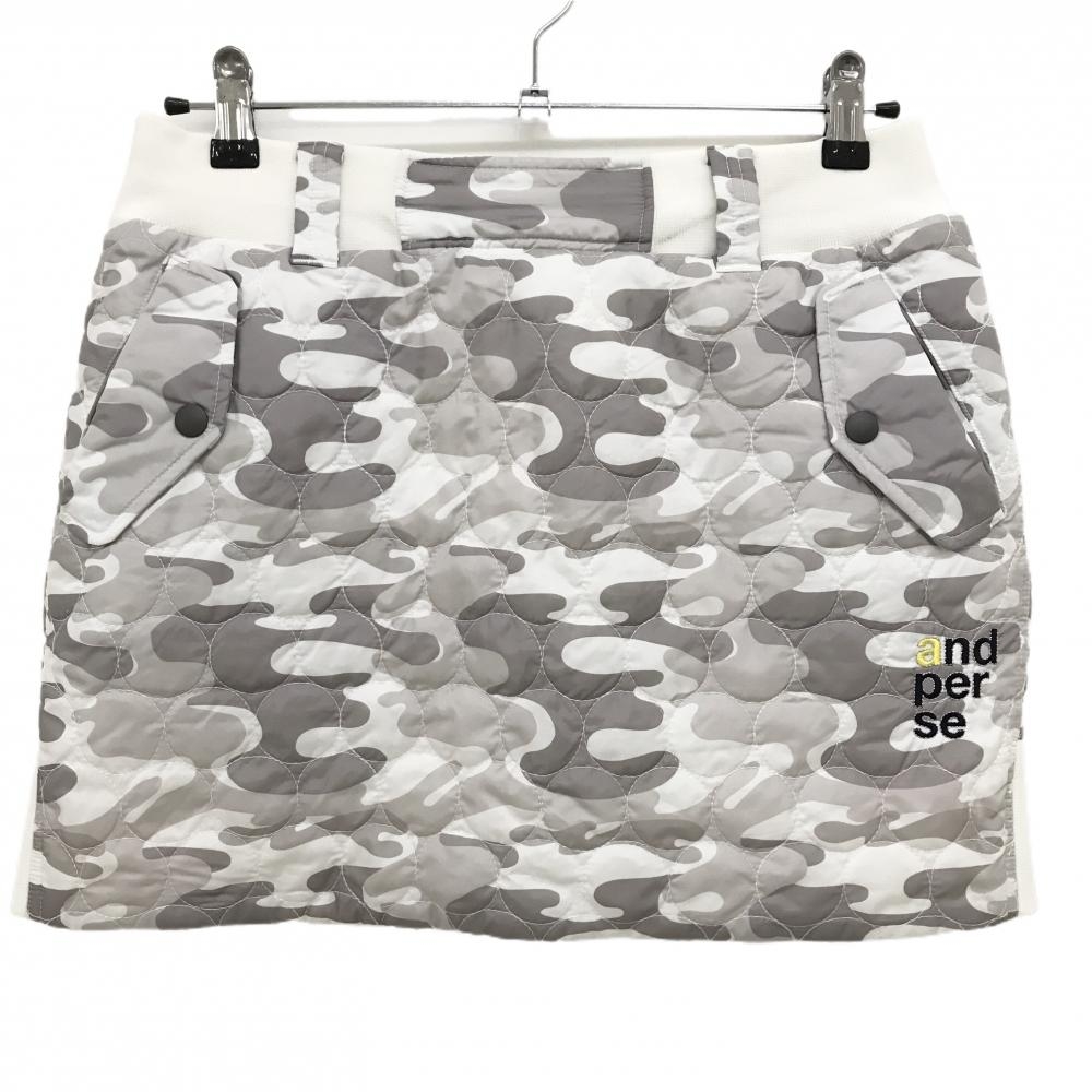 【美品】アンパスィ リバーシブル中綿スカート 白×グレージュ カモフラ 迷彩 裏フリース地 レディース L ゴルフウェア and per se