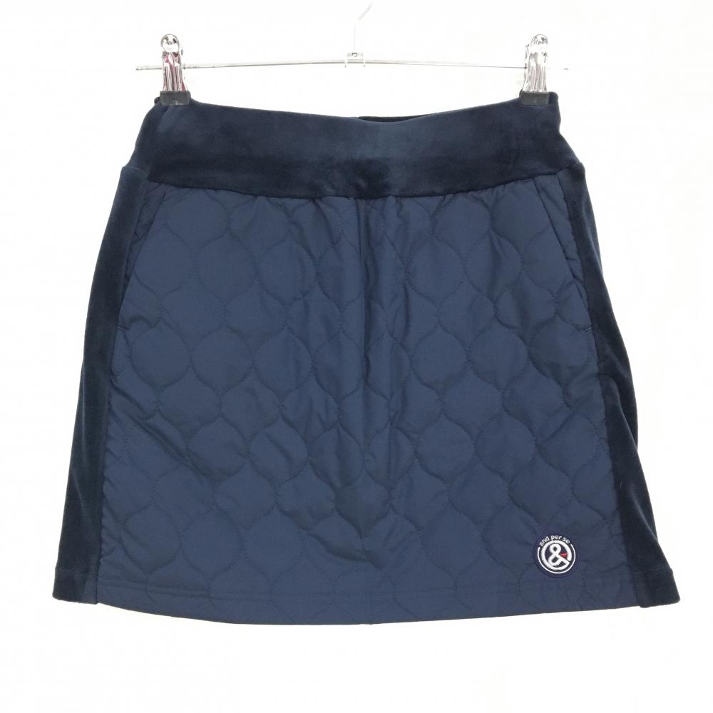 【美品】アンパスィ 中綿スカート ネイビー サイド切替 一部ベロア調 ウエストゴム  レディース S ゴルフウェア and per se