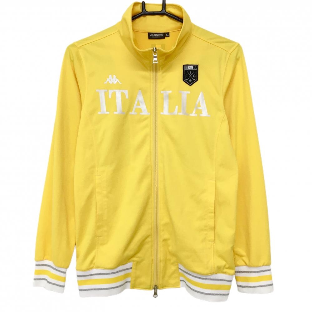 【超美品】カッパ ジャケットブルゾン イエロー×白 フロントロゴ 裾・袖口ライン 薄手 レディース L ゴルフウェア Kappa