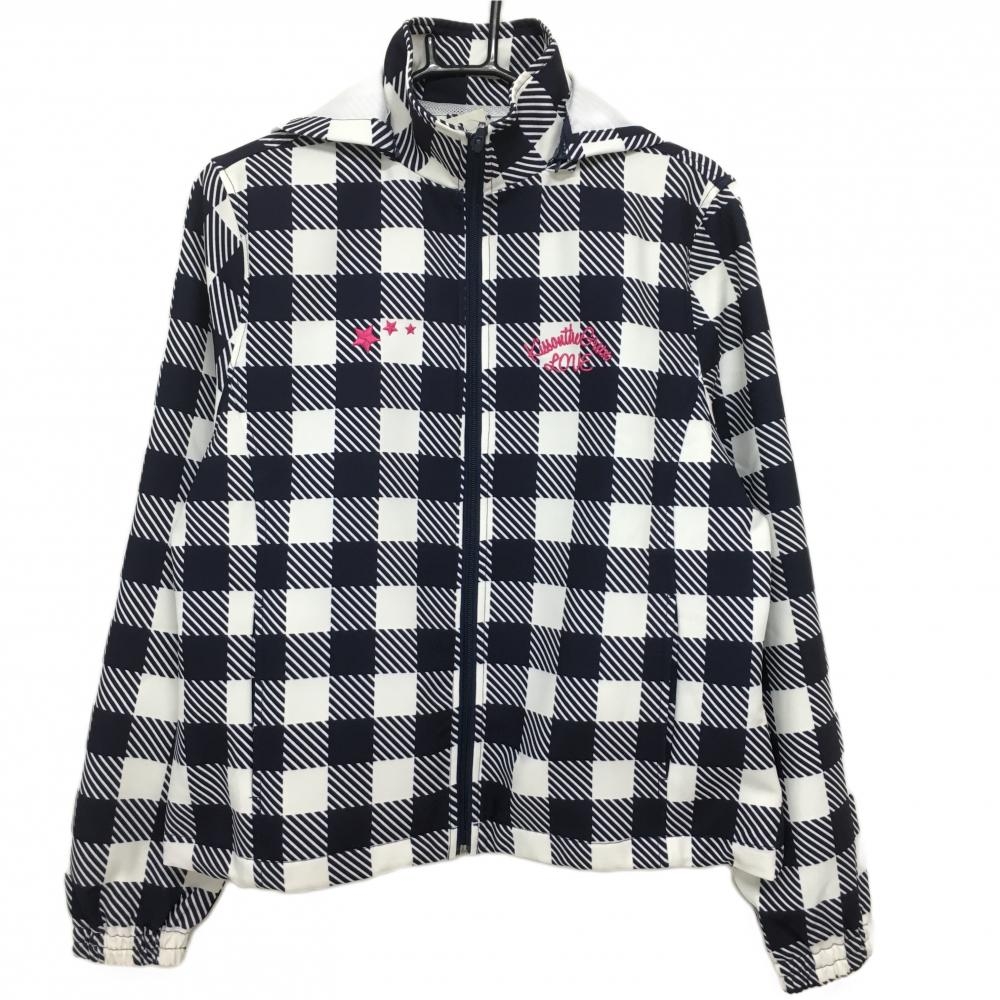 【新品】キスオンザグリーン 2WAYジャケット ネイビー×白 ブロックチェック 裏メッシュ レディース 3(L) ゴルフウェア kiss on the green