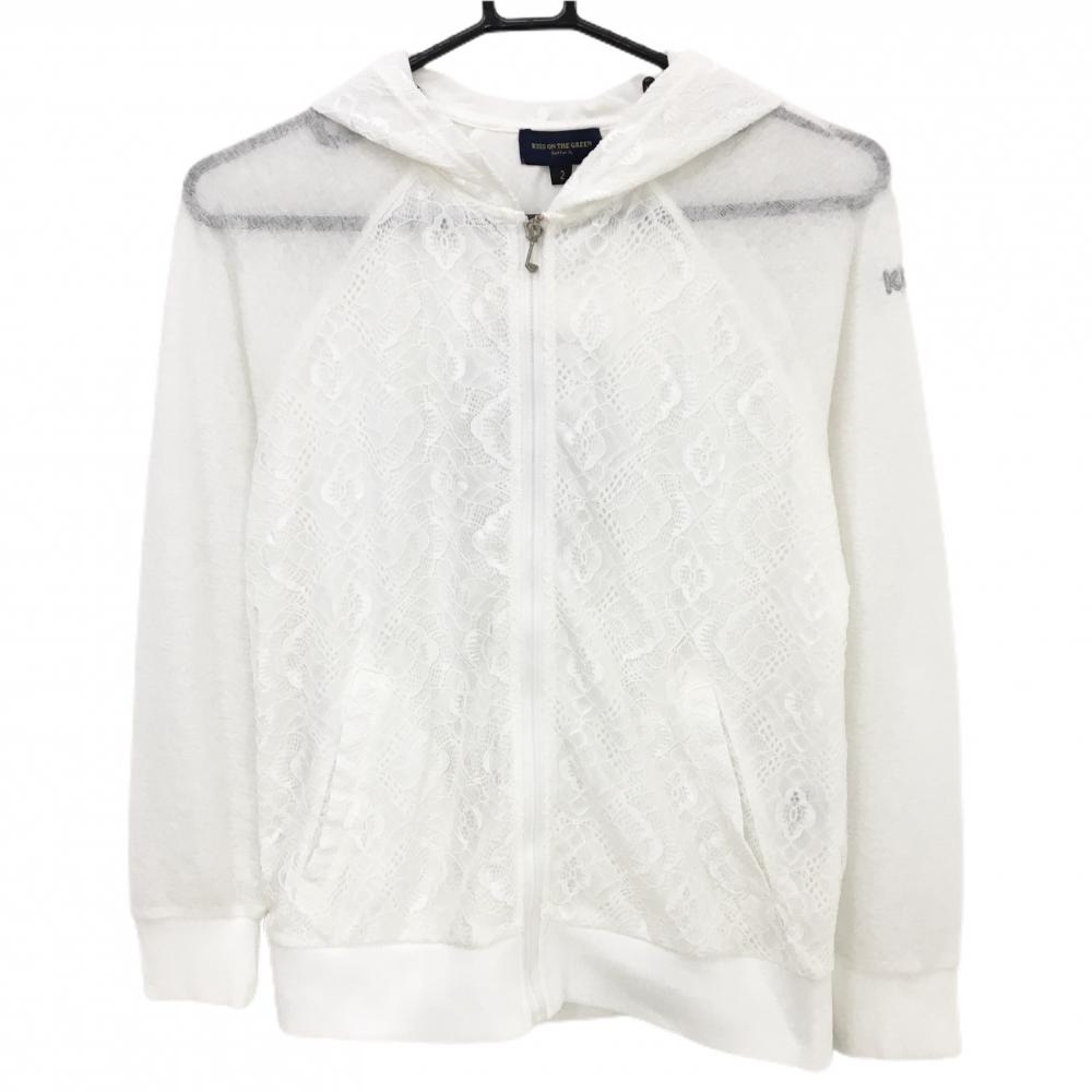 【新品】キスオンザグリーン ジップパーカー 白 レース 麻混 ジャケット レディース 2(M) ゴルフウェア kiss on the green