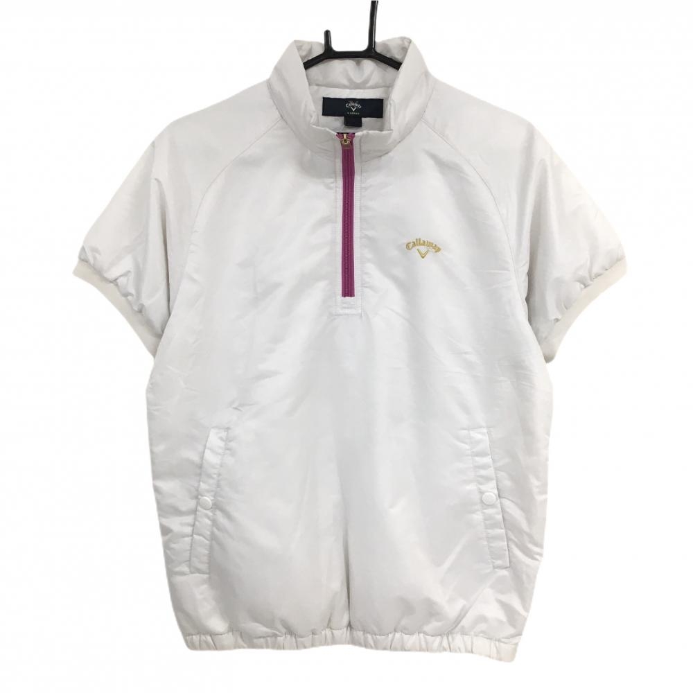 キャロウェイ 半袖中綿ブルゾン 白×ピンク ハーフジップ ロゴ  レディース L ゴルフウェア Callaway
