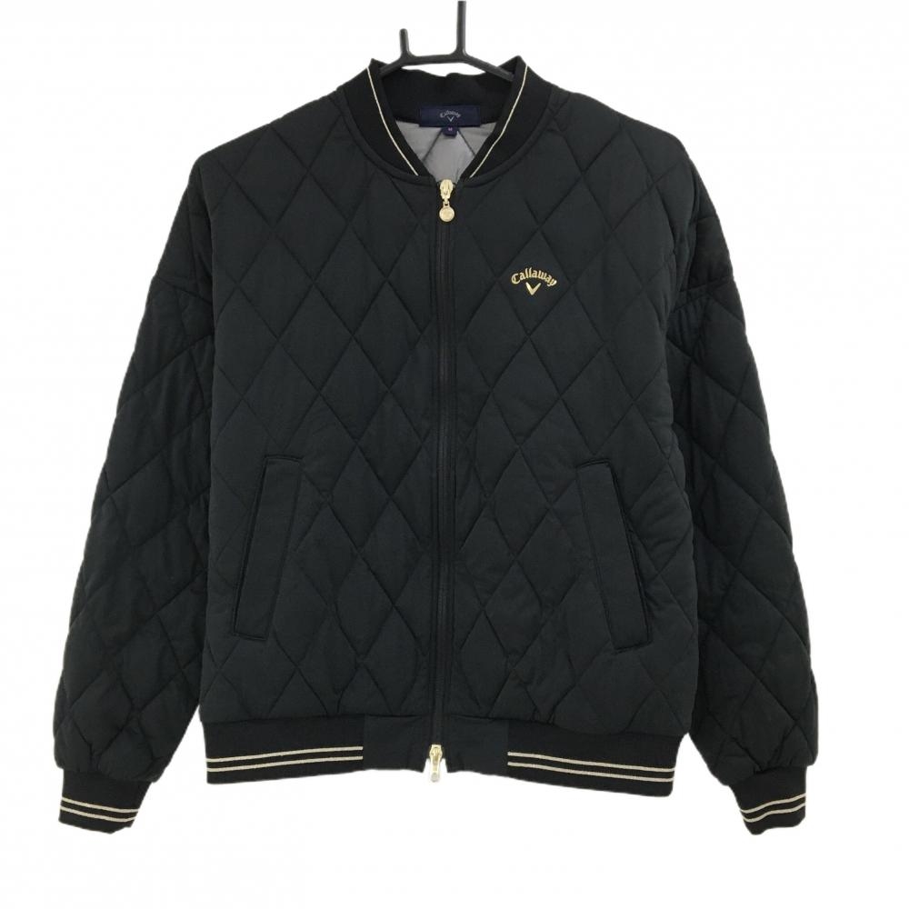【超美品】キャロウェイ 中綿ジャケット 黒×ゴールド キルティング ダブルジップ 胸ロゴ レディース M ゴルフウェア Callaway