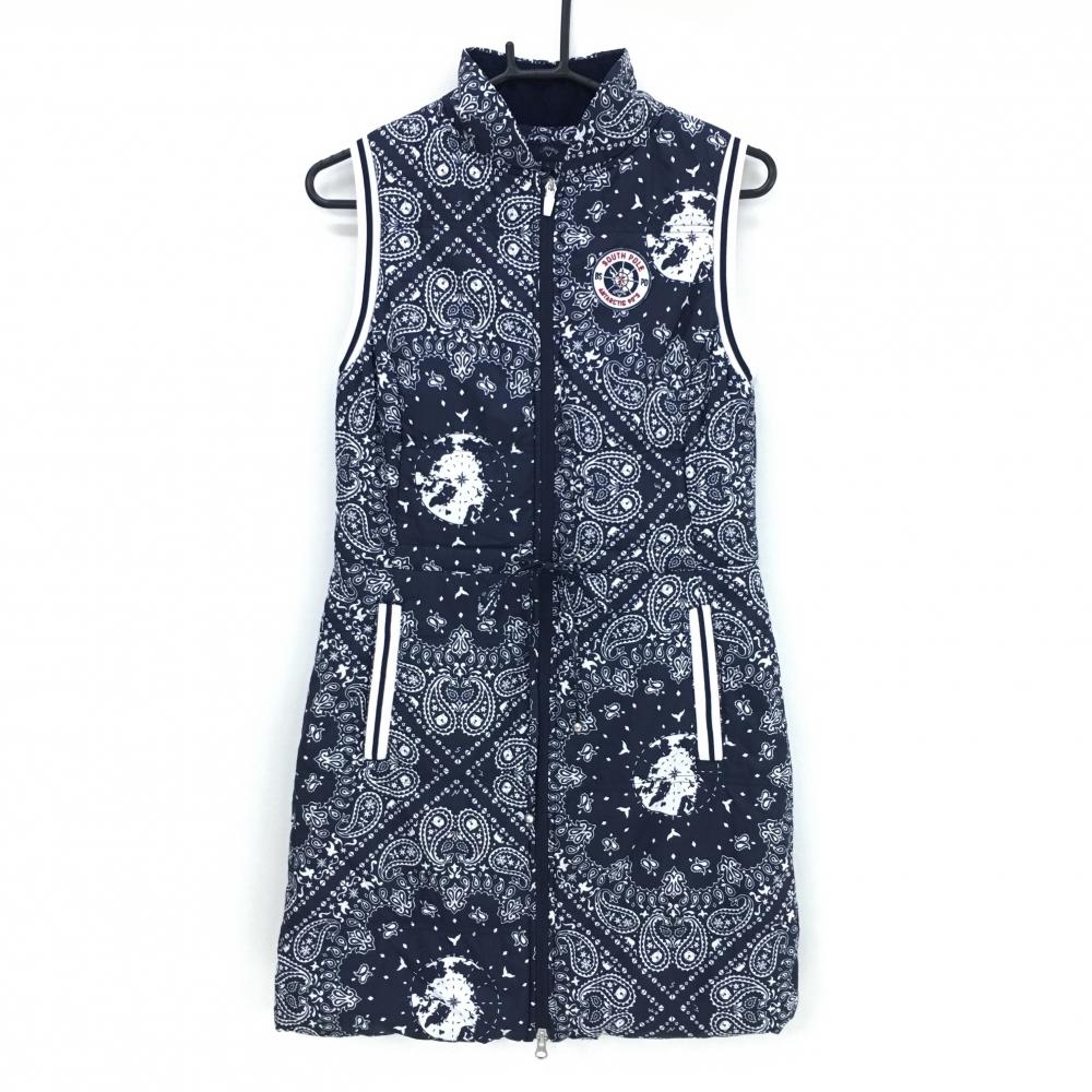 【超美品】キャロウェイ 中綿ノースリーブワンピース ネイビー×白 ペイズリー柄 ロゴワッペン レディース L ゴルフウェア Callaway