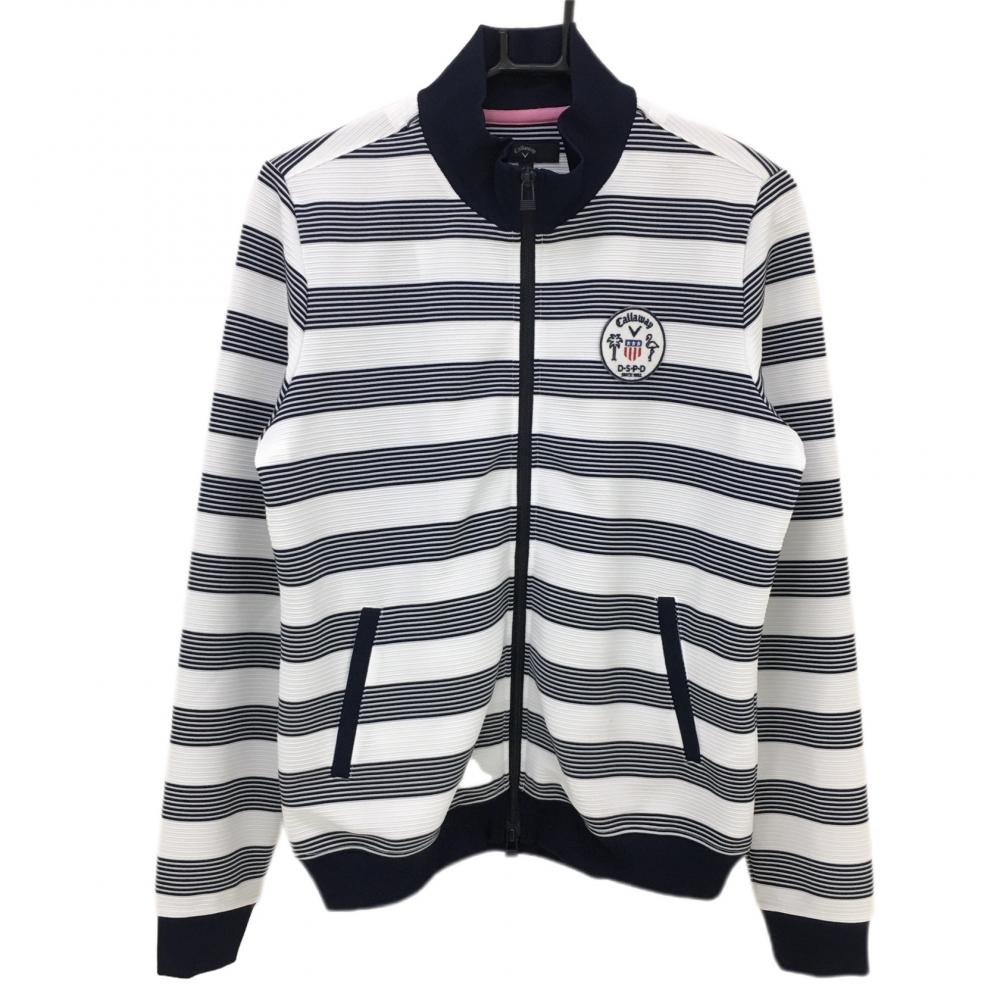 【超美品】キャロウェイ ジャケットブルゾン 白×ネイビー 凹凸ボーダー  レディース LL ゴルフウェア Callaway