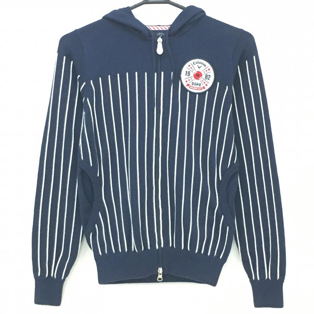【美品】キャロウェイ ニットジップパーカー ネイビー×白 一部ストライプ コットン混  レディース M ゴルフウェア Callaway