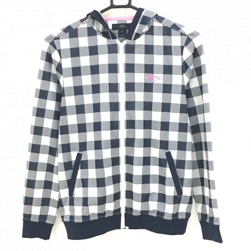 【超美品】キャロウェイ ジップパーカー ネイビー×白 ギンガムチェック ロゴ刺しゅう レディース M ゴルフウェア Callaway