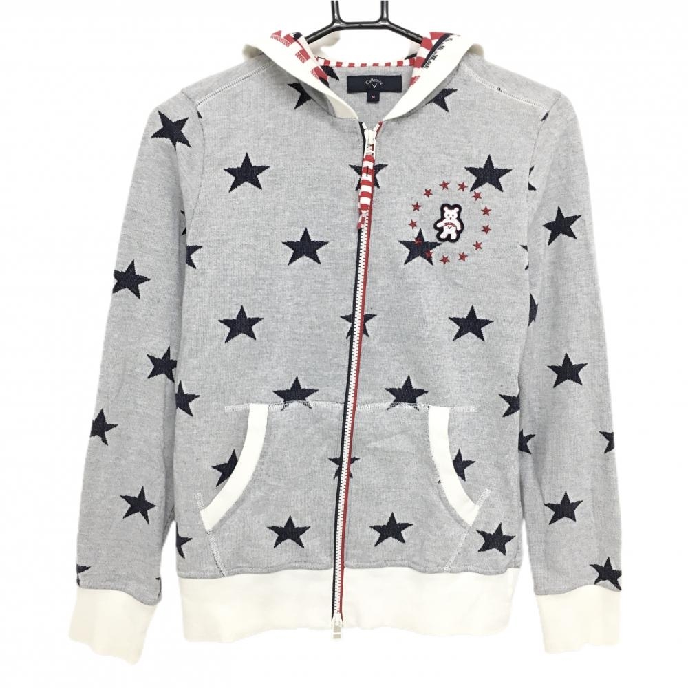 キャロウェイ ニットジップパーカー ライトグレー×ネイビー 星柄 ダブルジップ  レディース M ゴルフウェア Callaway