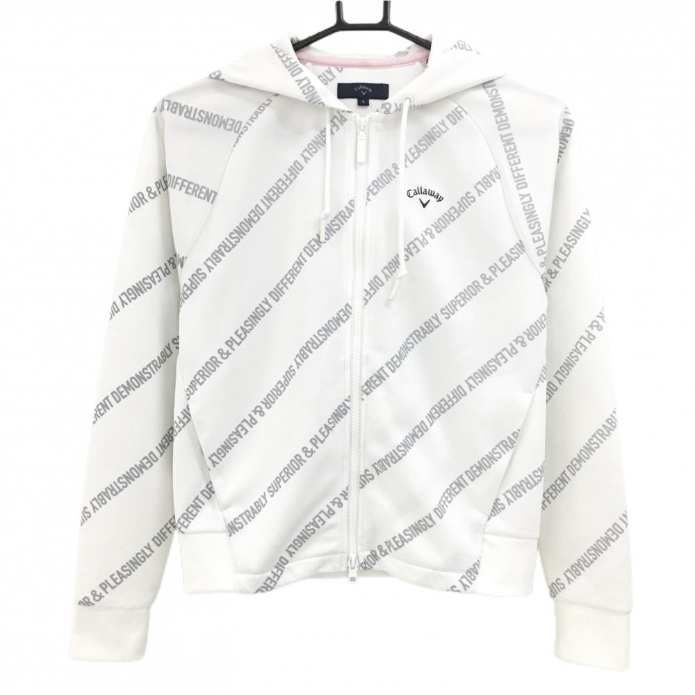 【美品】キャロウェイ ジップパーカー 白×グレー 英字斜めストライプ ダブルジップ  レディース S ゴルフウェア Callaway
