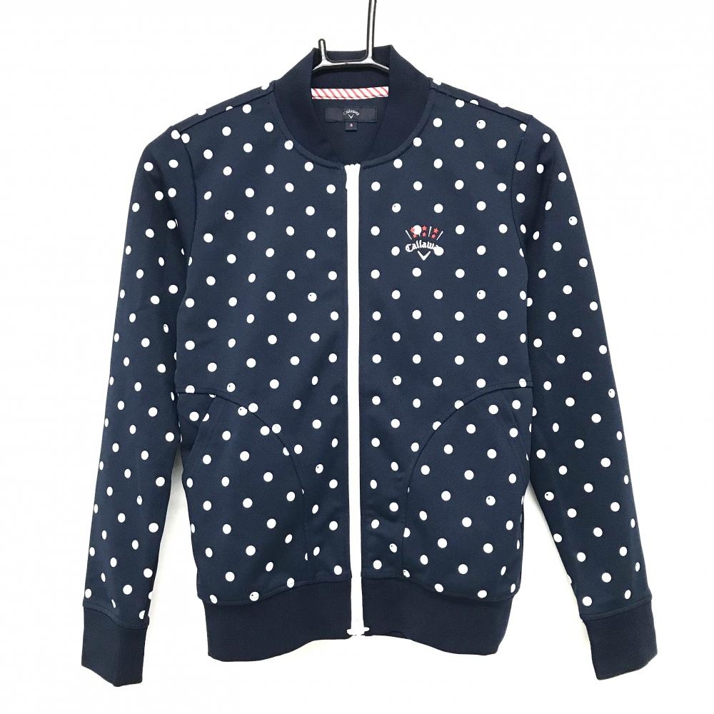 【超美品】キャロウェイ ジャケットブルゾン ネイビー×白 ドット柄 ロゴ刺しゅう レディース S ゴルフウェア Callaway
