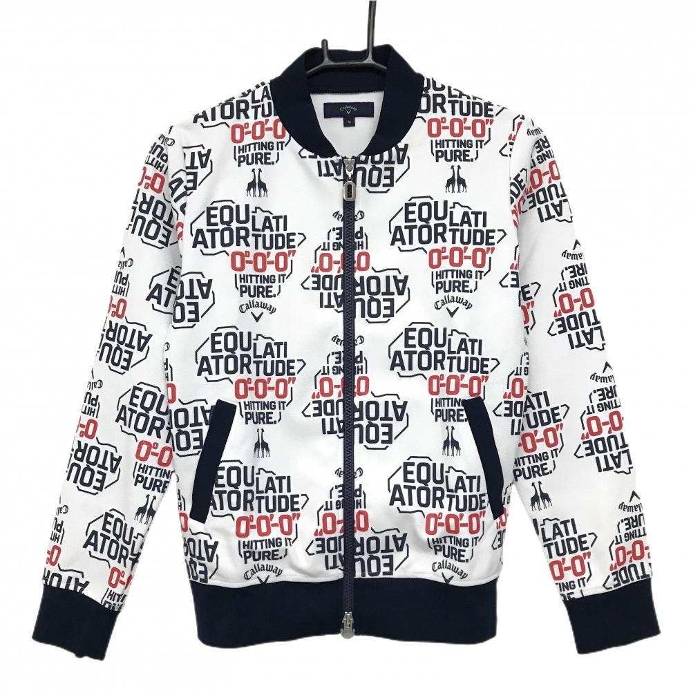 【美品】キャロウェイ ジャケットブルゾン 白×ネイビー 英字総柄 ダブルジップ レディース M ゴルフウェア Callaway