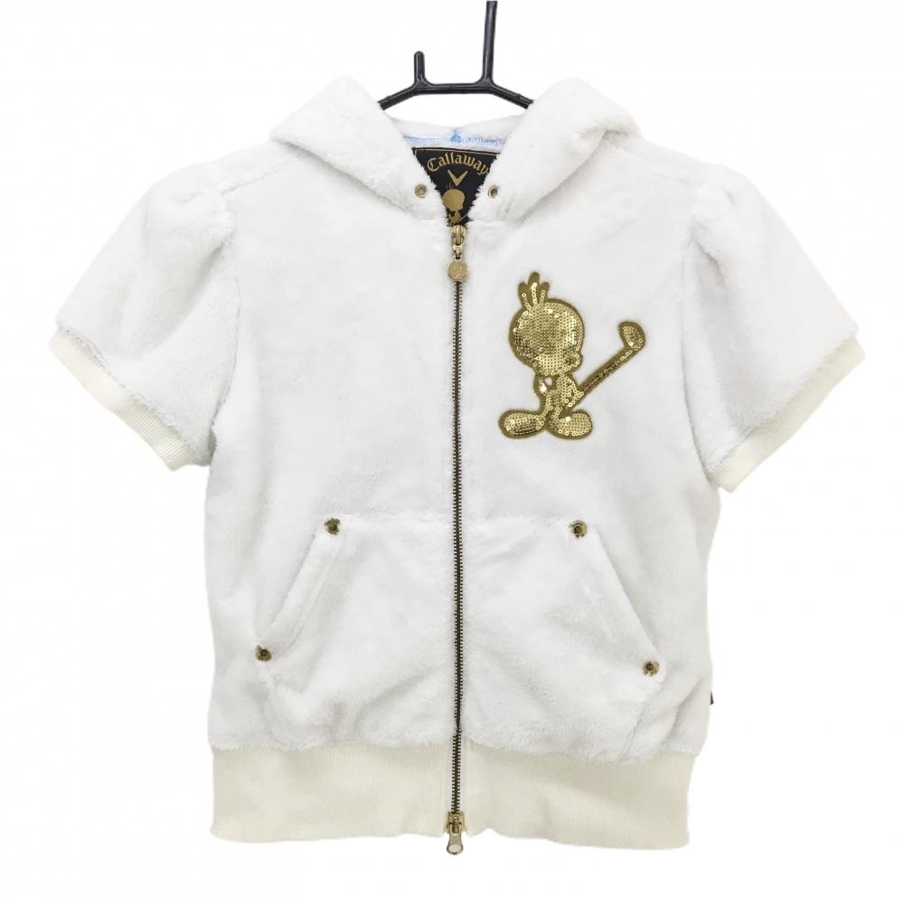 【美品】キャロウェイ×Tweety 半袖ボアパーカー 白×ゴールド スパンコールロゴ ブルゾン レディース M ゴルフウェア Callaway