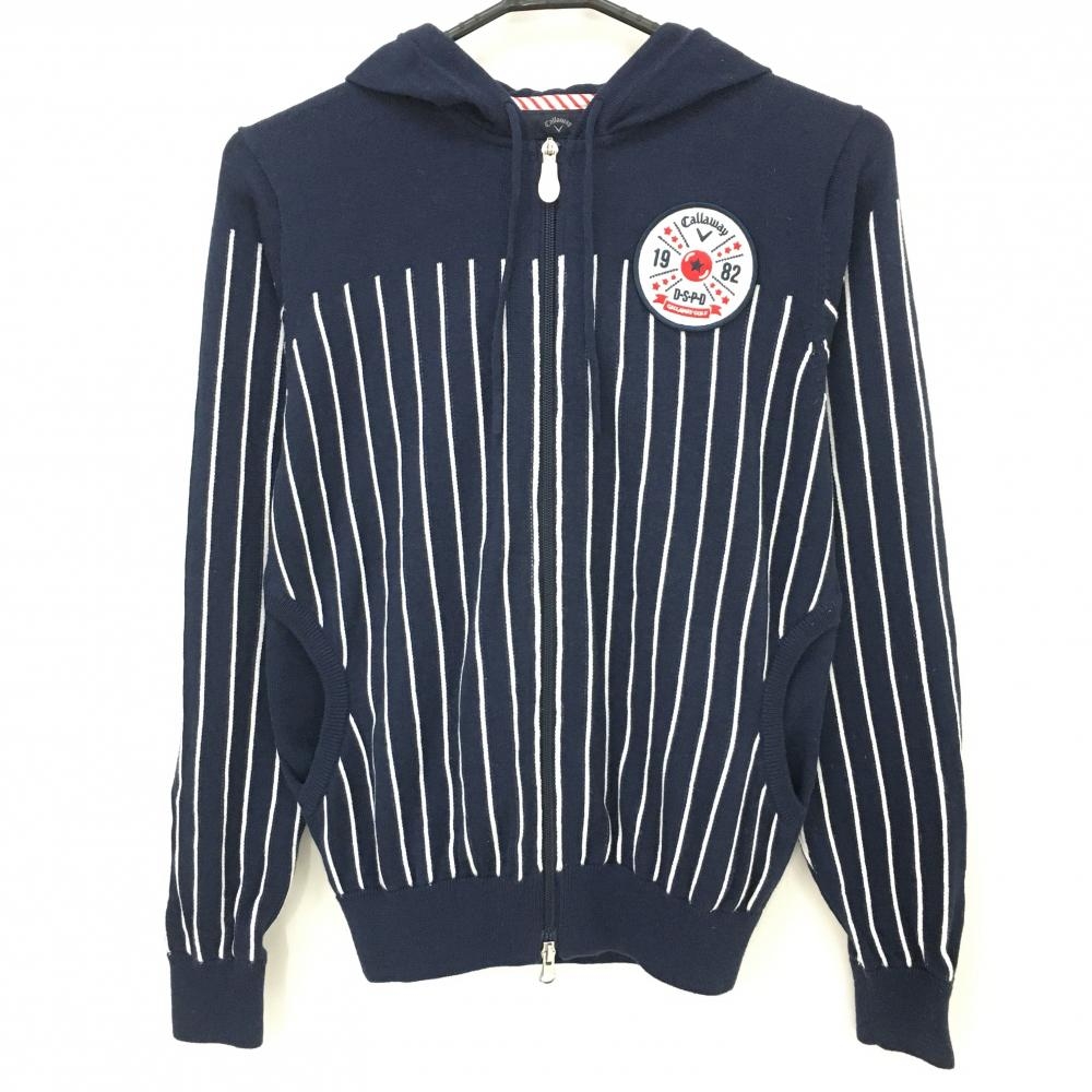 【美品】キャロウェイ ニットジップパーカー ネイビー×白 ストライプ 胸ワッペン レディース L ゴルフウェア Callaway
