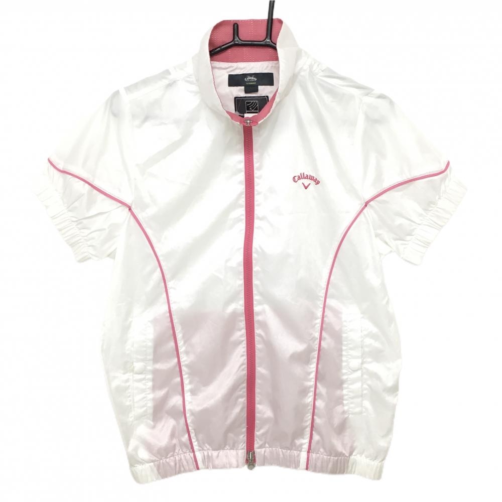 【美品】キャロウェイ 半袖ブルゾン 白×ピンク ダブルジップ ロゴ刺しゅう  レディース L ゴルフウェア Callaway