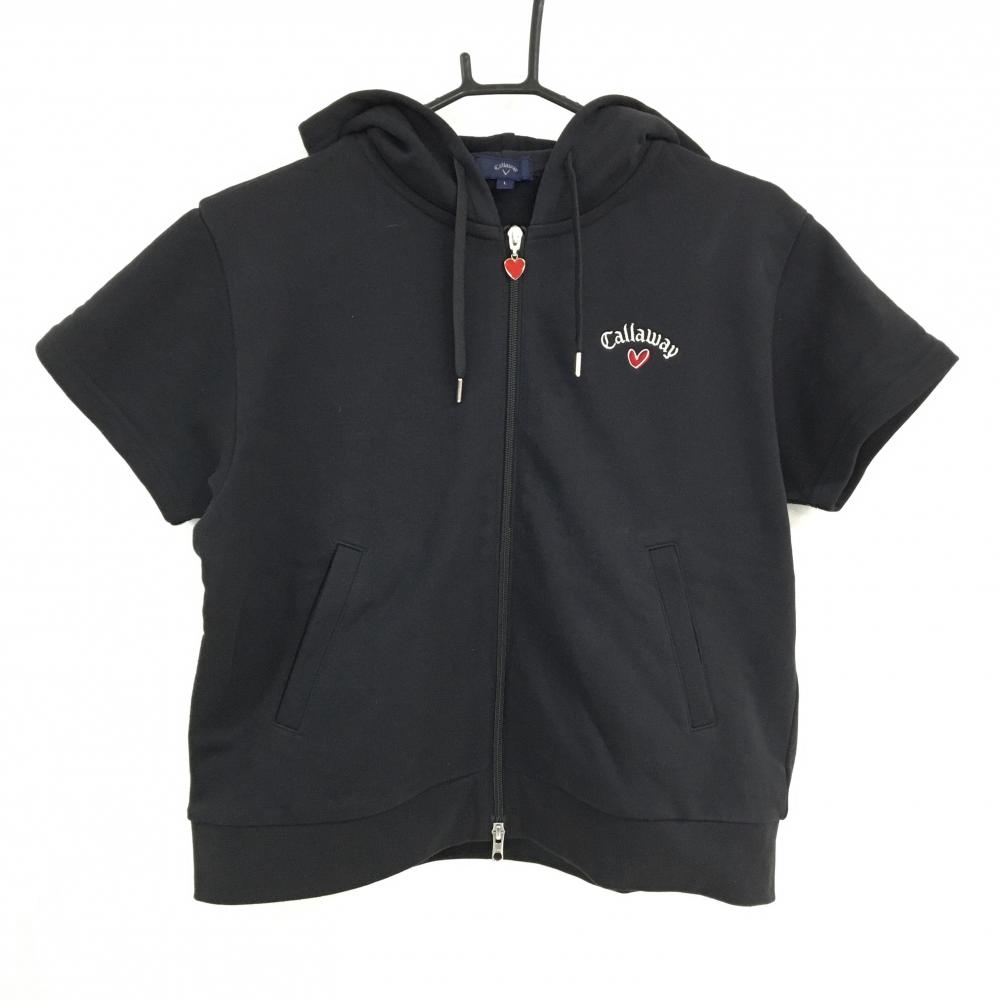 【超美品】キャロウェイ 半袖ジップパーカー 黒 ロゴ 裏毛スウェット レディース L ゴルフウェア 2024年モデル Callaway
