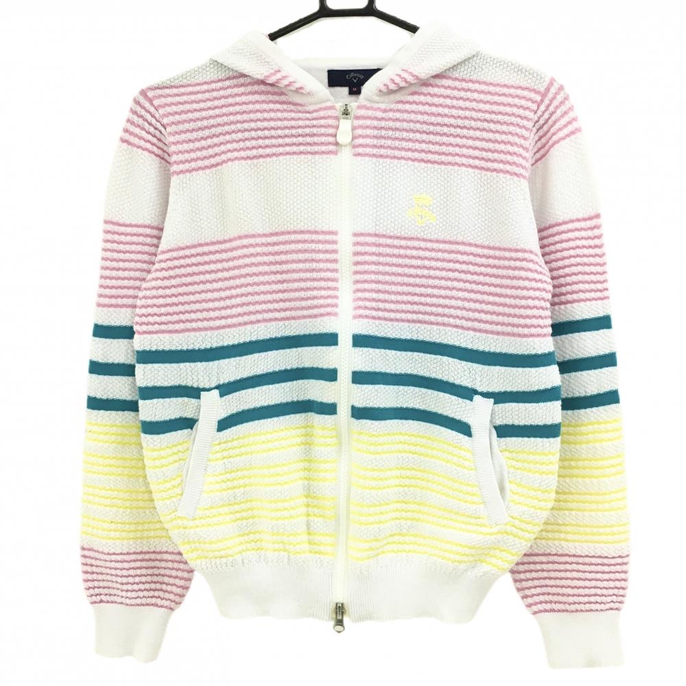 【美品】キャロウェイ ジップパーカー 白×ピンク×イエロー ボーダー調 胸ロゴ 織生地 レディース M ゴルフウェア Callaway