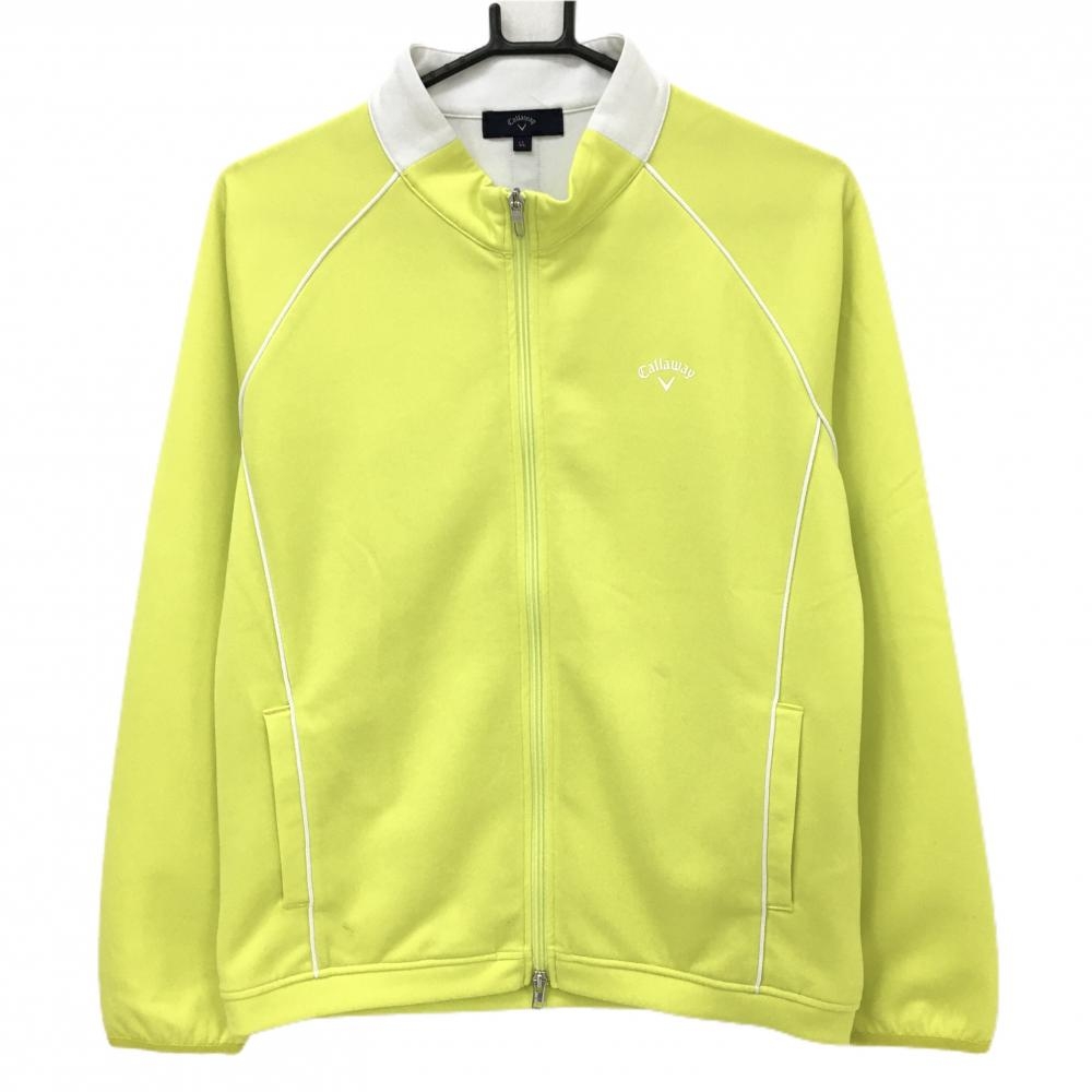 【美品】キャロウェイ ジャケットブルゾン イエローグリーン×白 パイピングライン ロゴプリント レディース LL ゴルフウェア Callaway