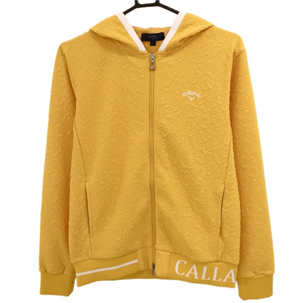 【超美品】キャロウェイ ジップパーカー オレンジイエロー×白 総柄地模様 凸凹生地 ロゴ刺しゅう レディース L ゴルフウェア Callaway
