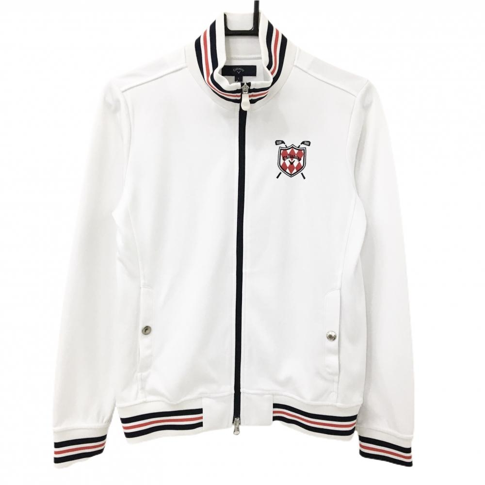 【美品】キャロウェイ ジャケットブルゾン 白×ネイビー リブライン ロゴ刺しゅう レディース L ゴルフウェア Callaway