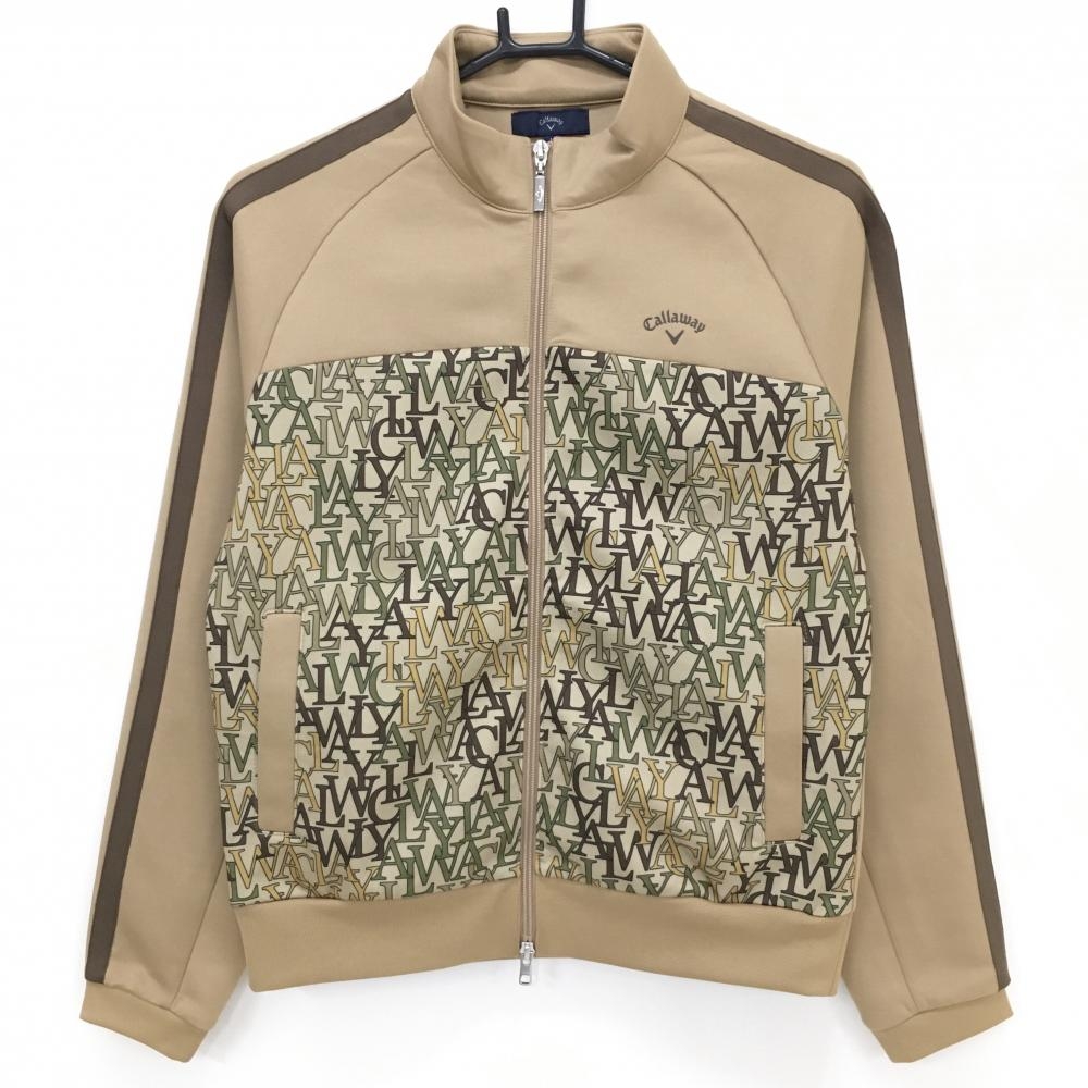 【超美品】キャロウェイ ジャケット ライトブラウン×グリーン系 前身頃英字総柄 袖ブラウンライン レディース M ゴルフウェア Callaway