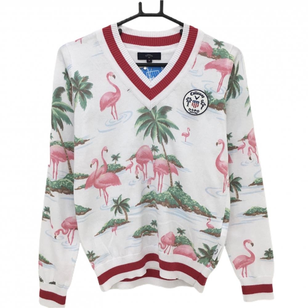 【新品】キャロウェイ セーター 白×ピンク フラミンゴ総柄 コットン混 ニット レディース M ゴルフウェア Callaway