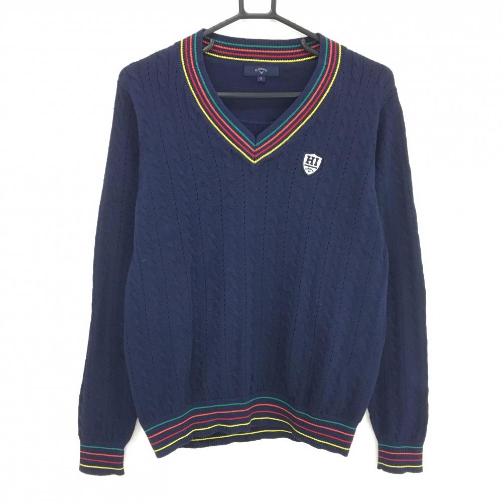 【美品】キャロウェイ セーター ネイビー ケーブル編み コットン混 ネックライン ニット レディース LL ゴルフウェア Callaway