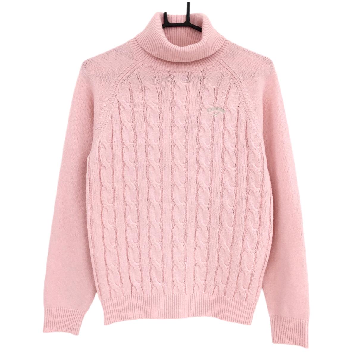 【美品】キャロウェイ タートルネックセーター ライトピンク 身頃ケーブル編み レディース M ゴルフウェア 2025年モデル Callaway