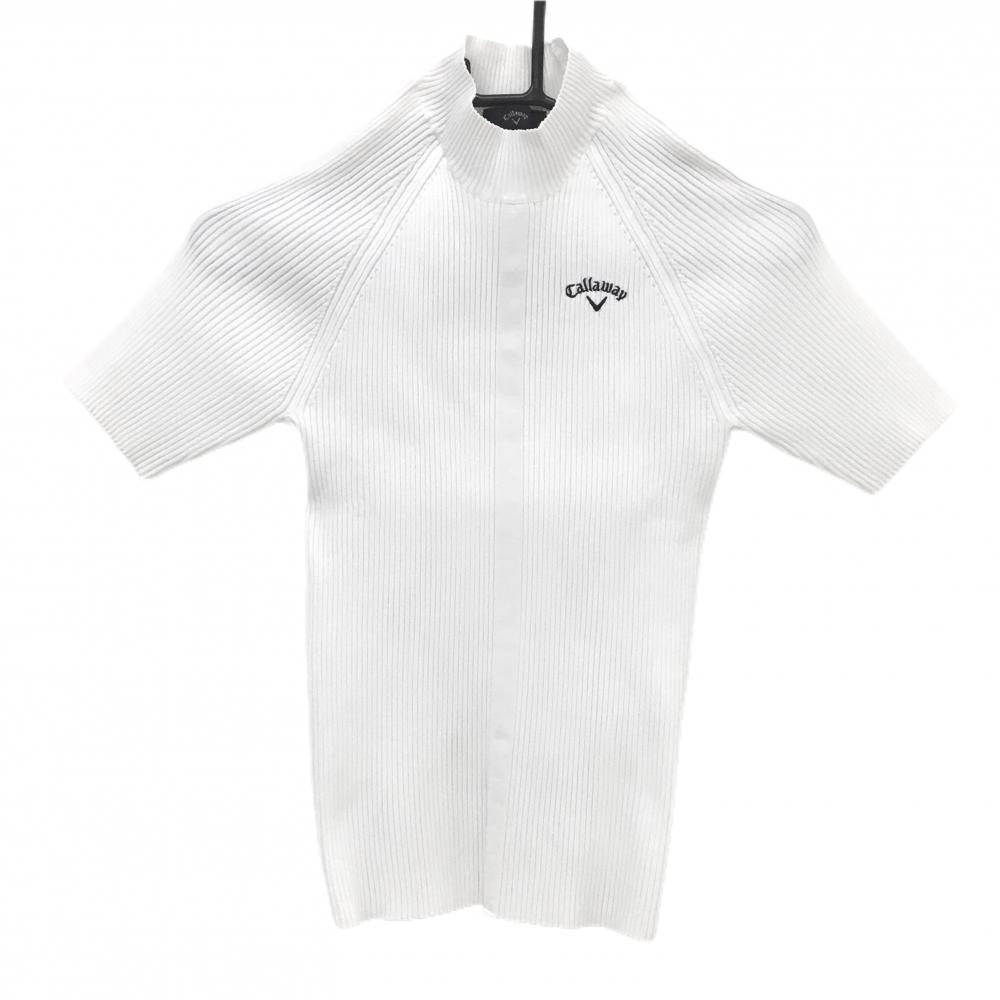 【美品】キャロウェイ ハイネック半袖セーター 白×ネイビー リブ ロゴ刺しゅう ニット レディース M ゴルフウェア Callaway