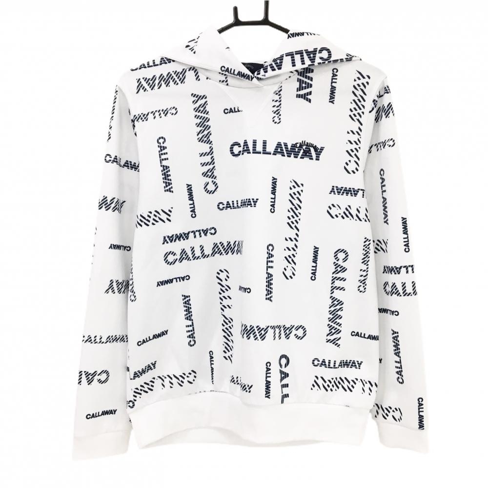 【超美品】キャロウェイ パーカー 白×ネイビー ロゴ総柄 トレーナー レディース LL ゴルフウェア Callaway