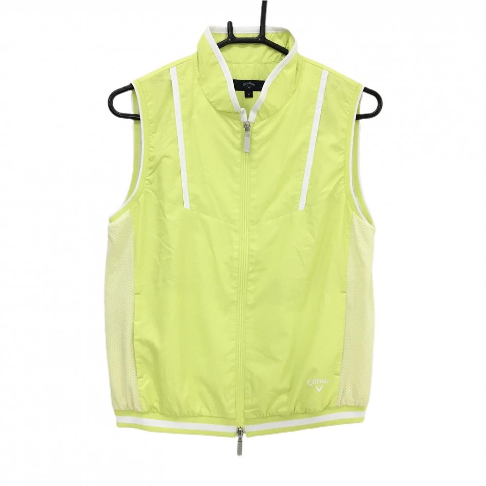 【美品】キャロウェイ アウターベスト イエローグリーン 格子地模様 ロゴ白 ダブルジップ レディース M ゴルフウェア Callaway