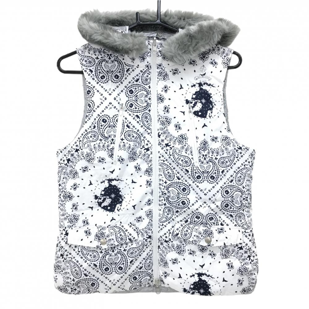 【美品】キャロウェイ フード付きリバーシブル中綿ベスト 白×ネイビー ペイズリー柄  レディース LL ゴルフウェア Callaway