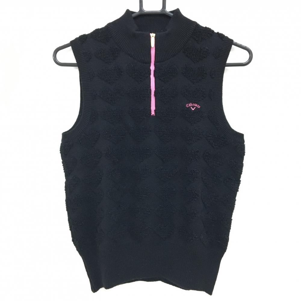 【美品】キャロウェイ ハイネックニットベスト 黒×ピンク 立体ハート編み ハーフジップ ウール混 レディース L ゴルフウェア Callaway