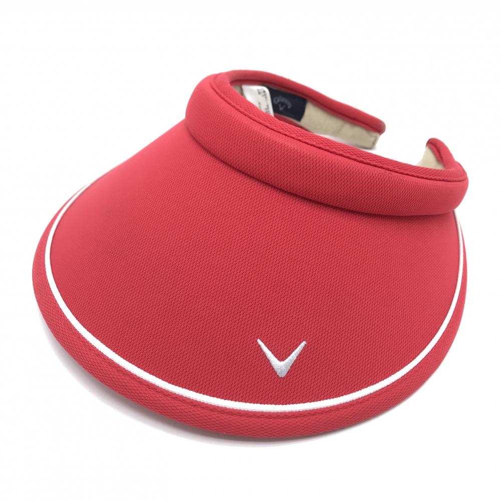 【美品】キャロウェイ つば広サンバイザー レッド×白 ロゴ刺しゅう レディース FR ゴルフウェア Callaway