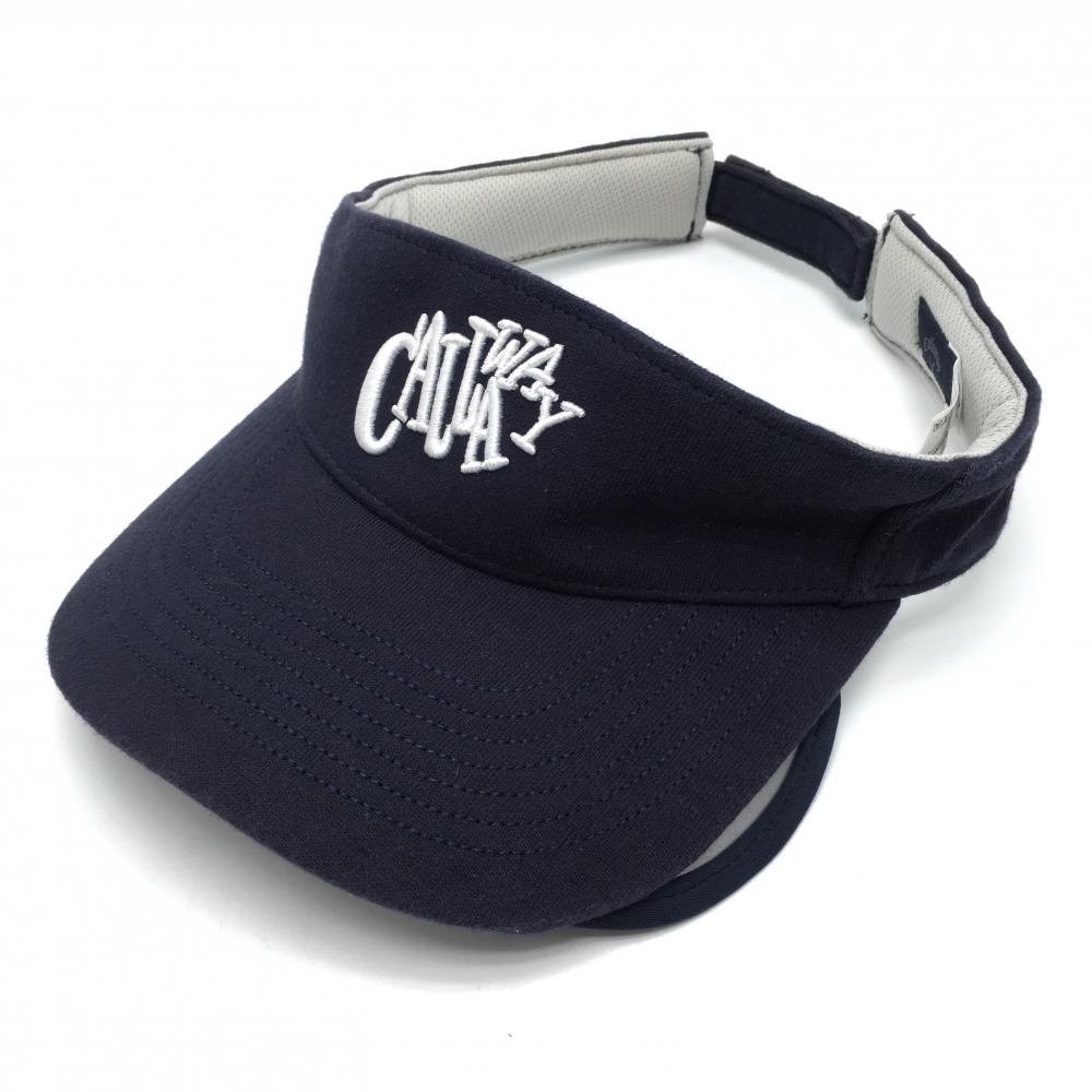 【美品】キャロウェイ サンバイザー ネイビー×白 ロゴ刺しゅう つば伸縮 レディース FR ゴルフウェア Callaway
